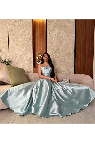 Liva Sky blue satin evening dress with beaded embroidery