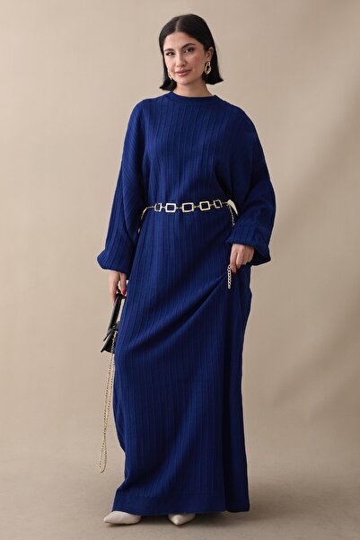 InStyle Long Balloon Sleeve Striped Cobalt Blue Knitwear Dress