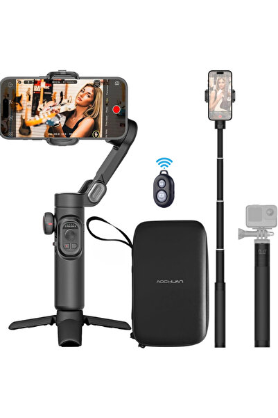 Vittalist Stabilizator Gimbal pentru telefon pe 3 axe, urmărire AI, iOS/Android + husă de transport rigidă și braț extensibil de 72 cm