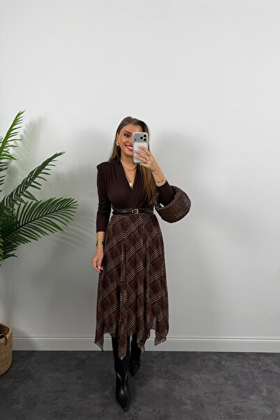 Sorridi Ekose Desenli Şifon Asimetrik Kesim Yarı Astarlı Midi Etek