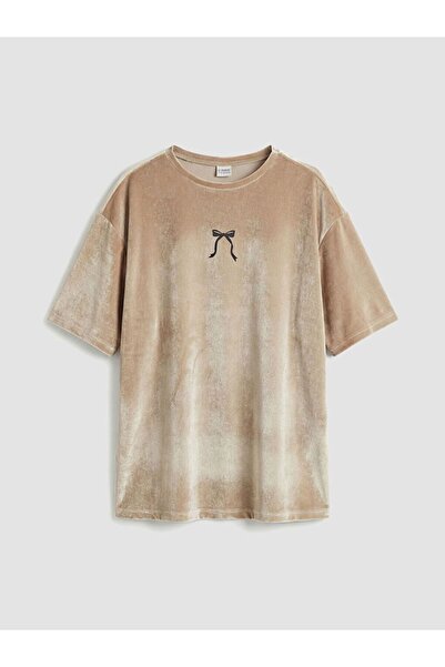 LC Waikiki Tricou din catifea pentru fete LCW Kids guler rotund Fiyonk cu imp...