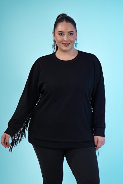 Roxxlen 3330226 Hanorac de damă, mărime mare, din piele neagră, cu franjuri