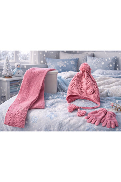 Monkabox 4-8 Female Child Dark Pink Scarf Beret Gloves Set