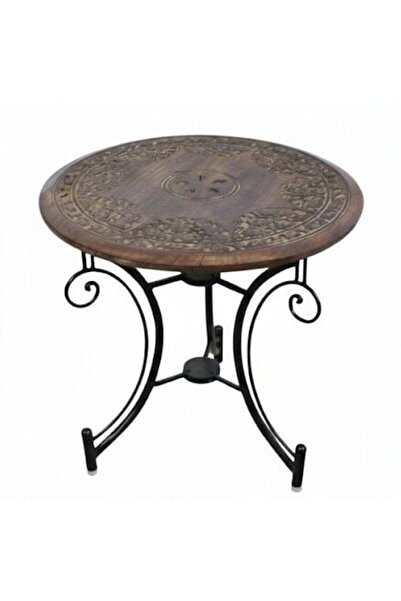 Otantik Çarşı Eskitme Ahşap Ferforje Oymalı Yuvarlak Sehpa 60x60x59 cm.