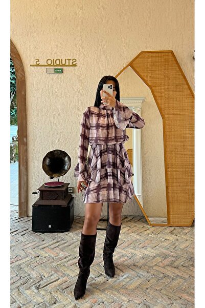 Nida Boutique Layered Chiffon Skirt with Elastic Waist and Lined Half Turtleneck Short Plaid Dress
