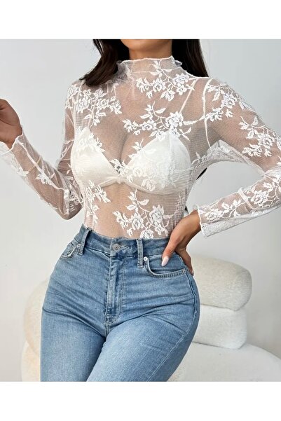 FloresDeCarnaval White Whisper Lace Top 🤍   Half Neckline Transparent Tulle Lace Blouse