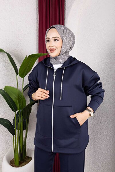 Weak Blue Oversized Hooded Tracksuit Set Hijab Sportswear - Navy Blue Color