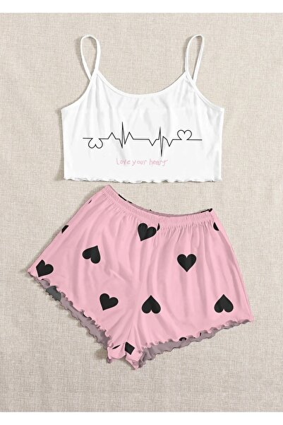 Silona Homewear Askılı Şort Pijama Takımı Love Your Heart Supersoft Basic Süprem