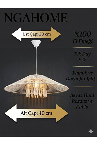 NGAHOME Bohem Jüt ve Pamuk İplikli Ahşap Boncuklu Sarkıt Avize - 40 cm