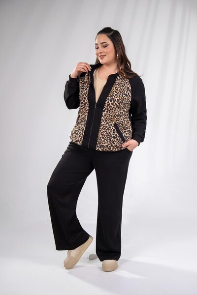 Roxxlen 333174 Hanorac de damă cu fermoar, cu imprimeu leopard, mărime mare