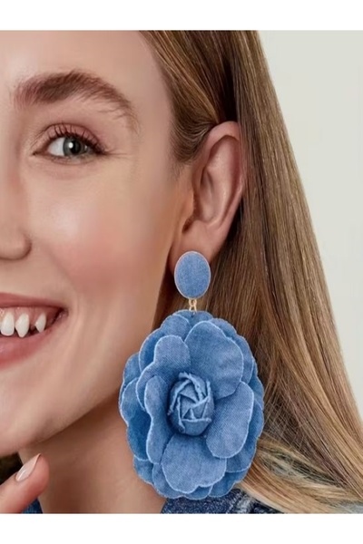 Alyas Aksesuar Stylish Vintage Denim Camellia Flower Earrings