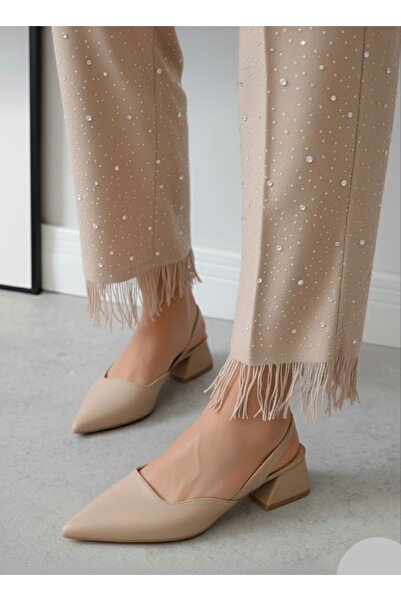 İZCE MODA Women's High-Heeled Shoes Pointed Beige Matte