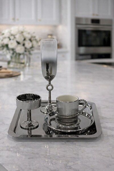 isra kristal Silver Coffee Presentation Set – Silver Coffee Cup, Turkish Delight Bowl and Tray - Luxury Coffee Set - Groom's Coffee Set