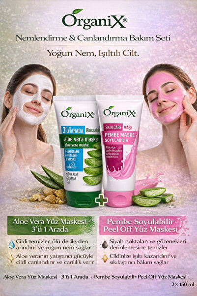 Organix Nem & Canlılık | Aloe Vera Yüz Maskesi 3’ü 1 Arada + Pembe Soyulabili...