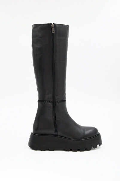 Jande Kadın Siyah Kalın Taban Fermuarlı XL Körüklü Diz Altı Hakiki Deri Çizme