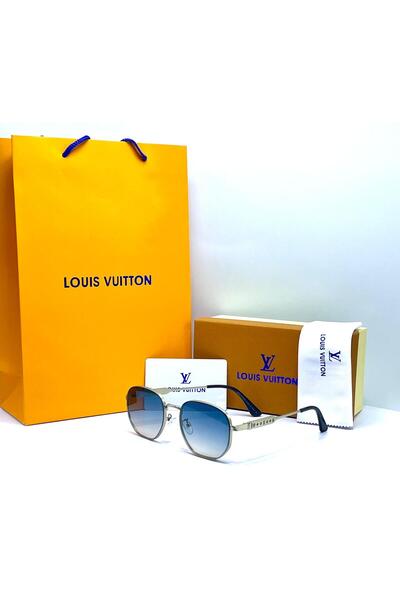 Sunglasses Men's glasses with a silver frame and light blue gradient lenses, with a brown case, yellow pouch and tissue.