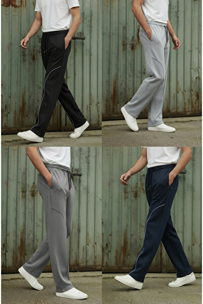 Sizce Moda 4 Pack Black |   Navy Blue | Gray |   Smoked Baggy Elastic Waist Wide Leg 2 Thread Fabric B Piped Sweatpants