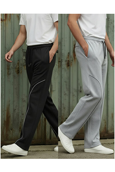 Sizce Moda 2 Pack Black |   Gray Baggy Elastic Waist Wide Leg 2 Thread Fabric B Piped Sweatpants