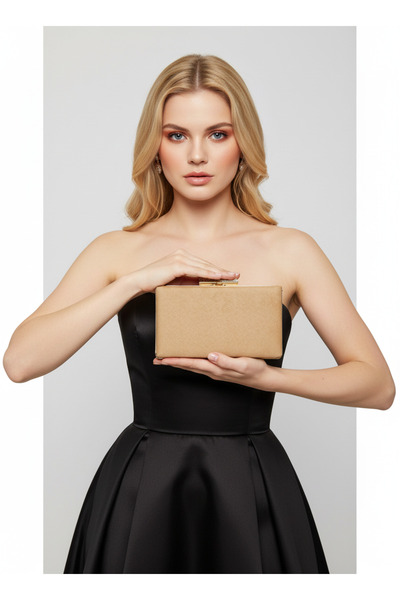 Biçanta Geantă de seară pentru femei, din piele intoarsa de lux, auriu nud, c...