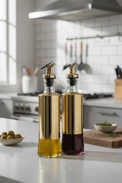 Emal Home Gold Metal Kaplama 2’li Cam Yağdanlık Sirkelik Seti - 300 ml Akıllı Kapak Sosluk