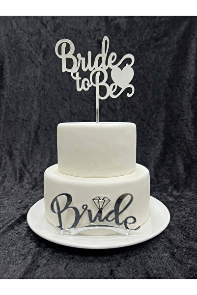 Leyli Kına 2 Parça 'Bride To Be'+'Bride' Yazılı Gümüş Pasta Üzeri ve Önü Süsü...