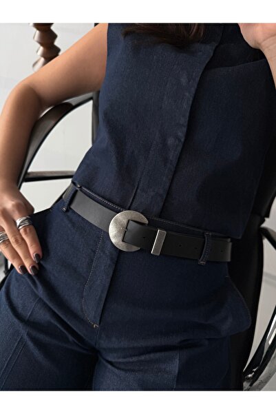 coaksco Pantaloni negri cu cataramă rotundă pentru femei, centură de rochie