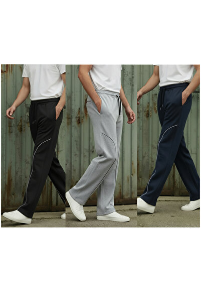 Sizce Moda 3 Pack Black |   Navy Blue |   Gray Baggy Elastic Waist Wide Leg 2 Thread Fabric B Piped Sweatpants
