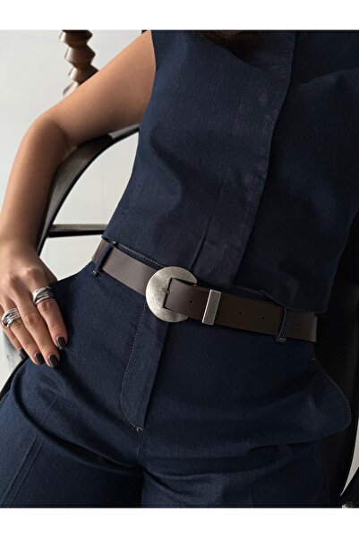 coaksco Women's Round Antique Buckle Bitter Brown Trousers, Dress Belt