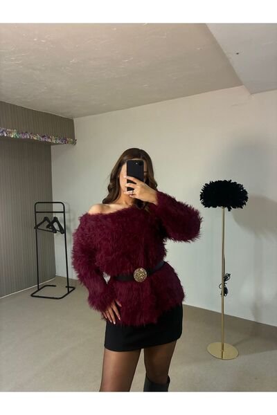 ecemce butik Tüylü Bordo Kazak