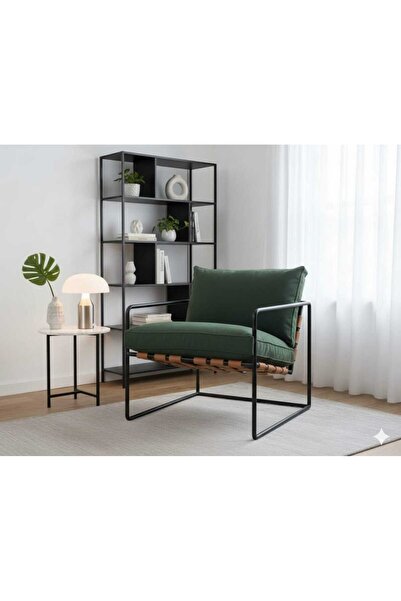 SLLER Modern Metal İskandinav Berjer Antrasit Yeşil Kumaş, Şerit Detaylı Tekl...