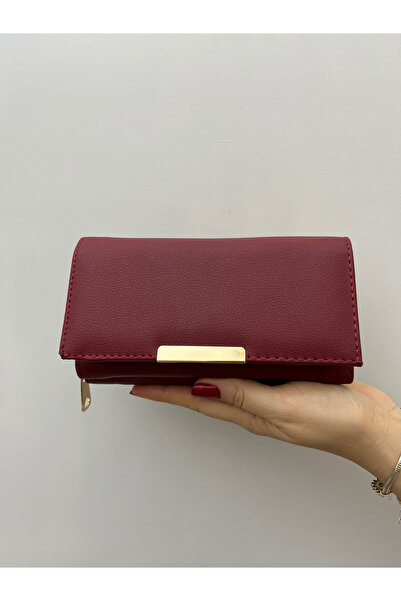 shiny ever Burgundy Soft Leather Women's Wallet Clutch Bag with Gold Detail