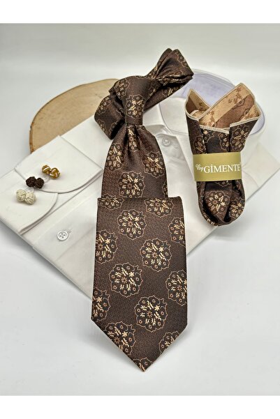 Gutiero Brown Patterned Classic Tie with Handkerchief