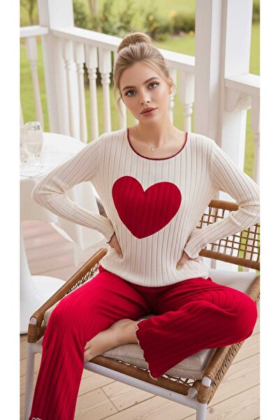 BELLA NOTTE Kırmızı Nakışlı Kalp Detaylı Uzun Kollu Pijama Takımı