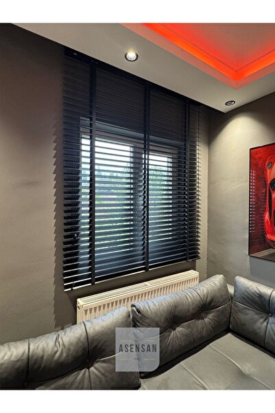 Asensan Perde % 100 Doğal Ahşap Jaluzi Siyah Renk 50 mm Kurdeleli İp Çekme Sistem