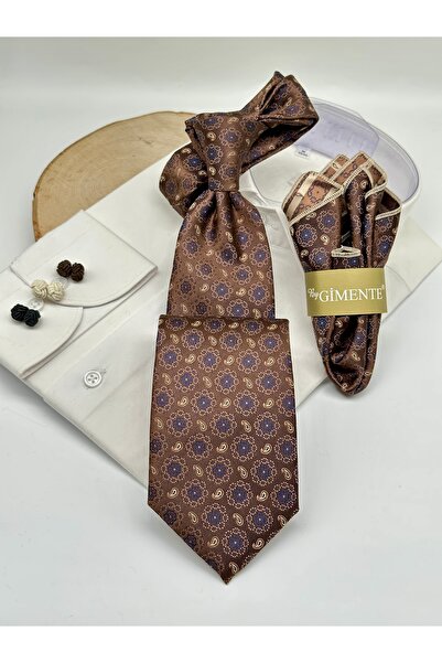 Gutiero Classic Tie with Brown Paisley Patterned Handkerchief
