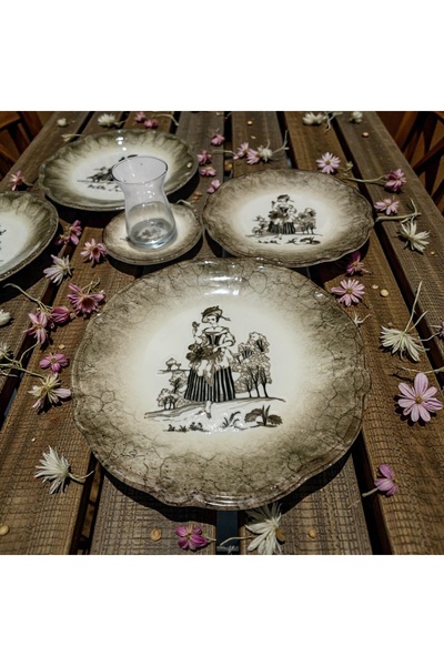 PORSER Ella Fulya Porselen Pasta ve Çay Seti 24 Parça Eskitme Desenli, Cam Ça...