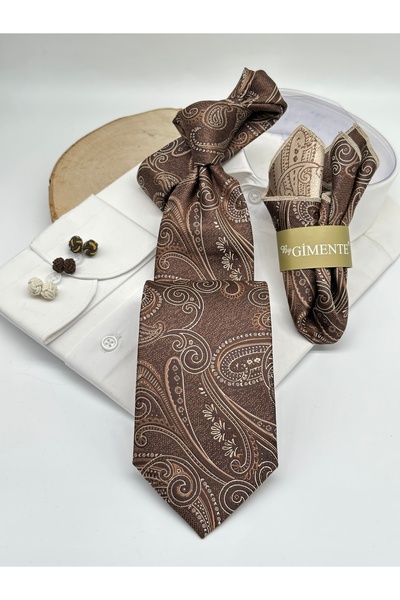 Gutiero Classic Tie with Brown Paisley Patterned Handkerchief