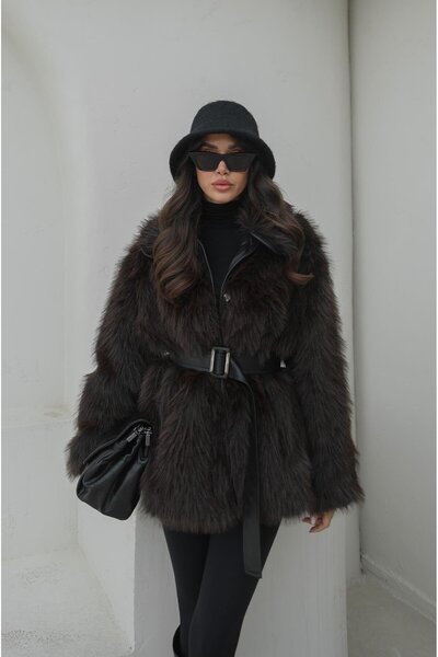 Havoş Bitter Brown Leather Detailed Belted Faux Fur Coat