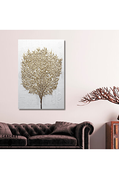 GAAGART Tekli Dikey Kanvas Tablo Beyaz Fon Gold Ağaç