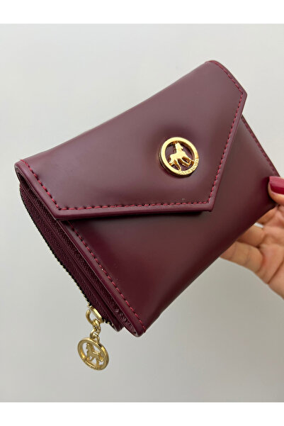 shiny ever Medium Size Patent Leather Claret Red Women's Wallet with Gold Detail