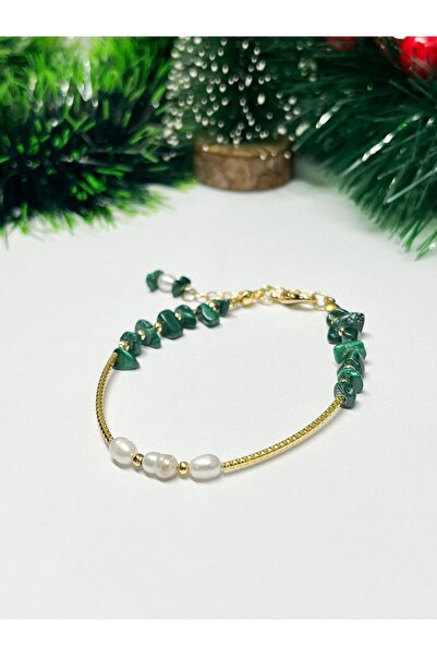 Agatella Tasarım Handmade Bracelet with Natural Malachite Stone, Real Pearl D...