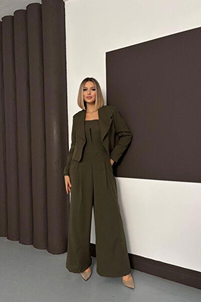 bacc Khaki Woven Jacket and Double Pocket Strapless Jumpsuit Two-Piece Set Bchn-254004