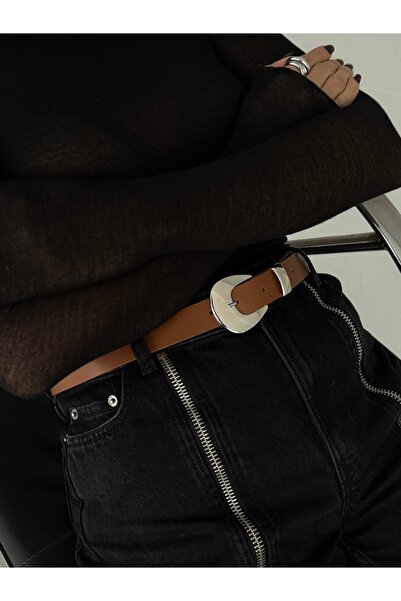 coaksco Women's Asymmetrical Oval Metal Buckle Tan Belt