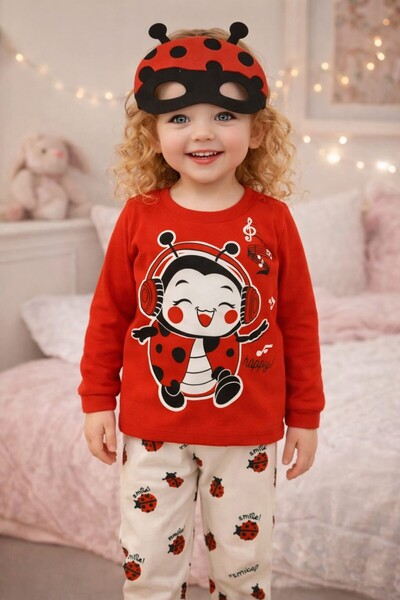 PoliFoni Babies طقم بيجامة مطبوع عليها خنفساء وقناع للأطفال البنات