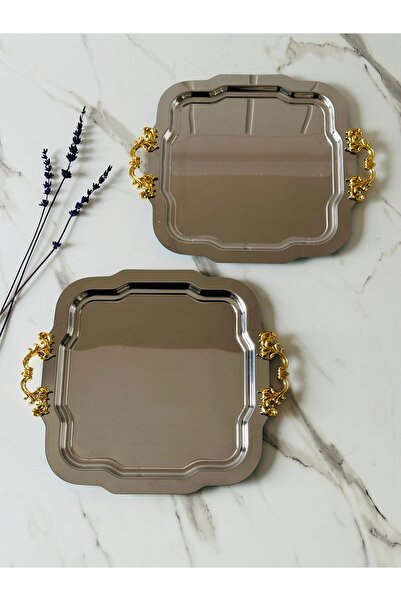 Melinda 2 ADET Aura Gümüş Tepsi Gold Çıkarılabilir Kulp Çay,Kahve,İkram Servis Sunum Tepsisi (24x24CM)
