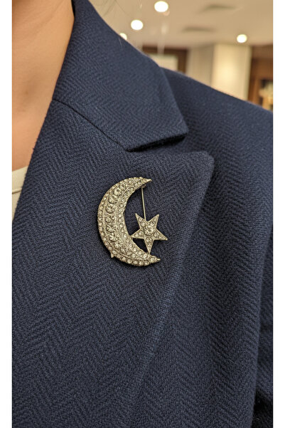 Efe Aks Kristal Taşlı Ay Yıldız Kadın Broş - Şık Gümüş Tonlu Hilal Yıldız Yak...