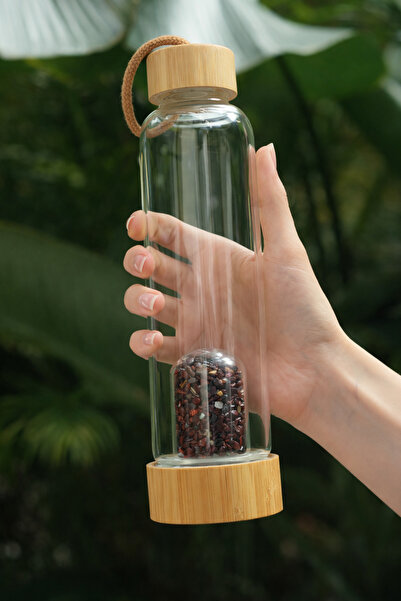 OM Rituals Jaspir Doğal Taş Bambu Kapaklı Cam Su Matarası - 550 ml