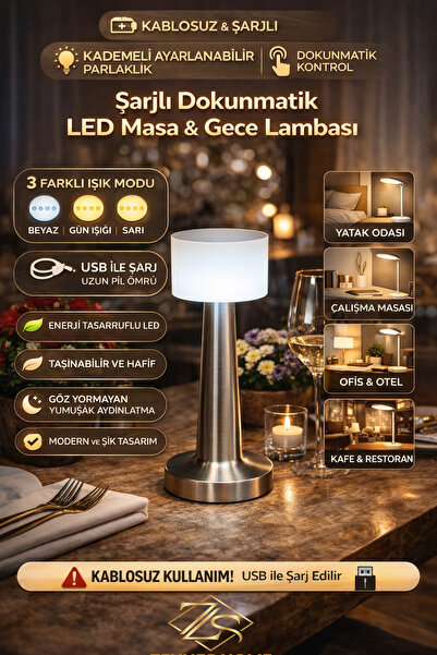 Zeynes Home Şarjlı Kablosuz Dokunmatik Papatya LED Masa Lambası & Papatya Gec...