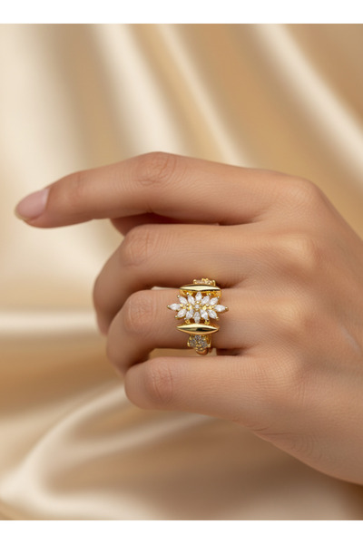 GKCBijoux 316L Çelik Gold Renk Zirkon Taşlı Ayarlanabilir Yüzük