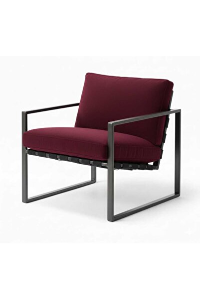 SLLER Lüks Keten Dokulu Metal İskeletli Berjer, Bordo Retro Tekli Koltuk